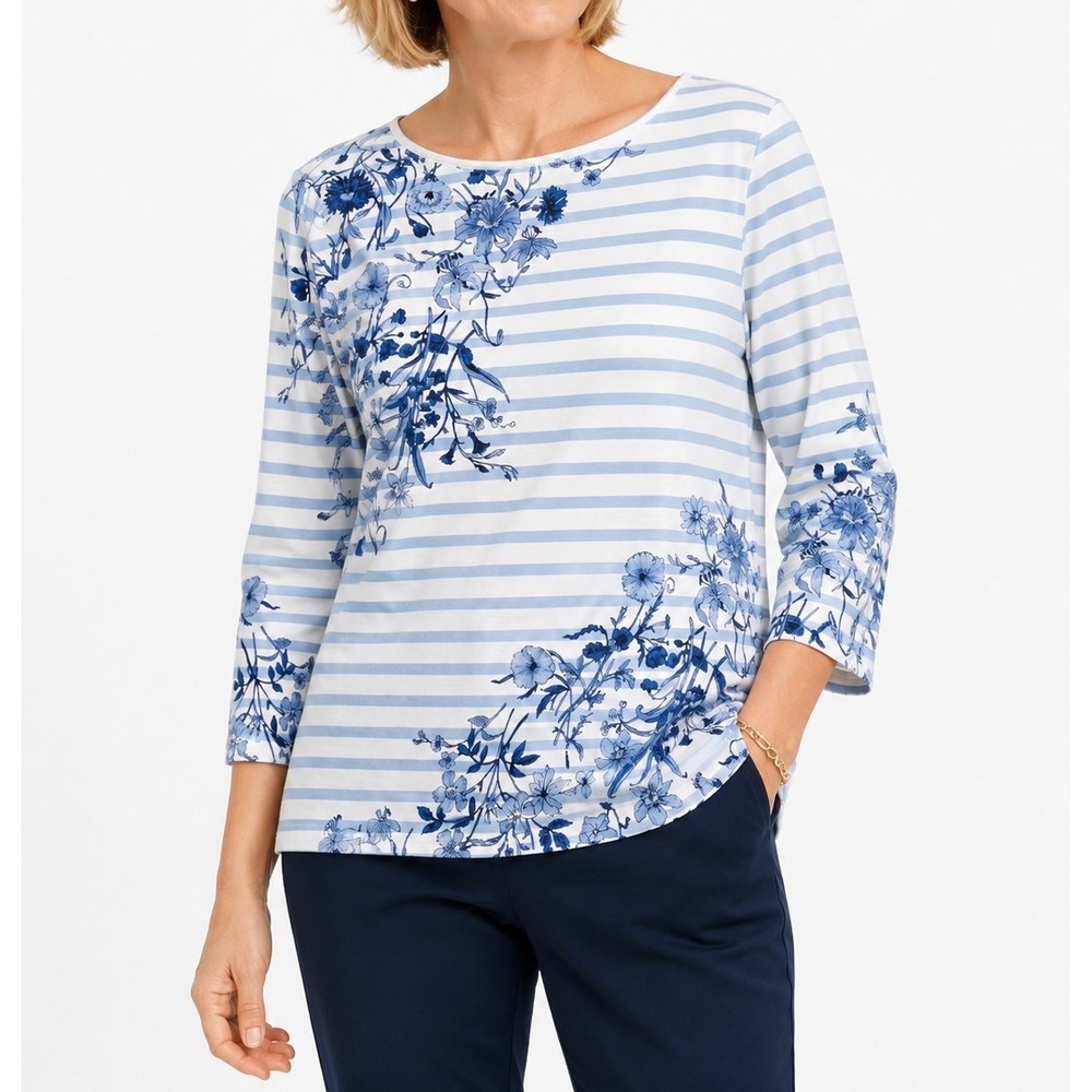 Talbots Tee Womens XL Blue White Striped Floral Boat Neck 3/4 Sleeve Cotton Top